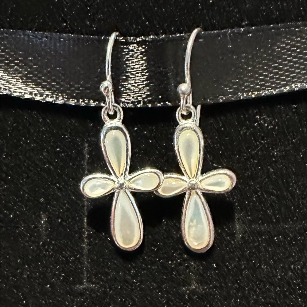 Sterling silver 925 pearl dangling cross earrings